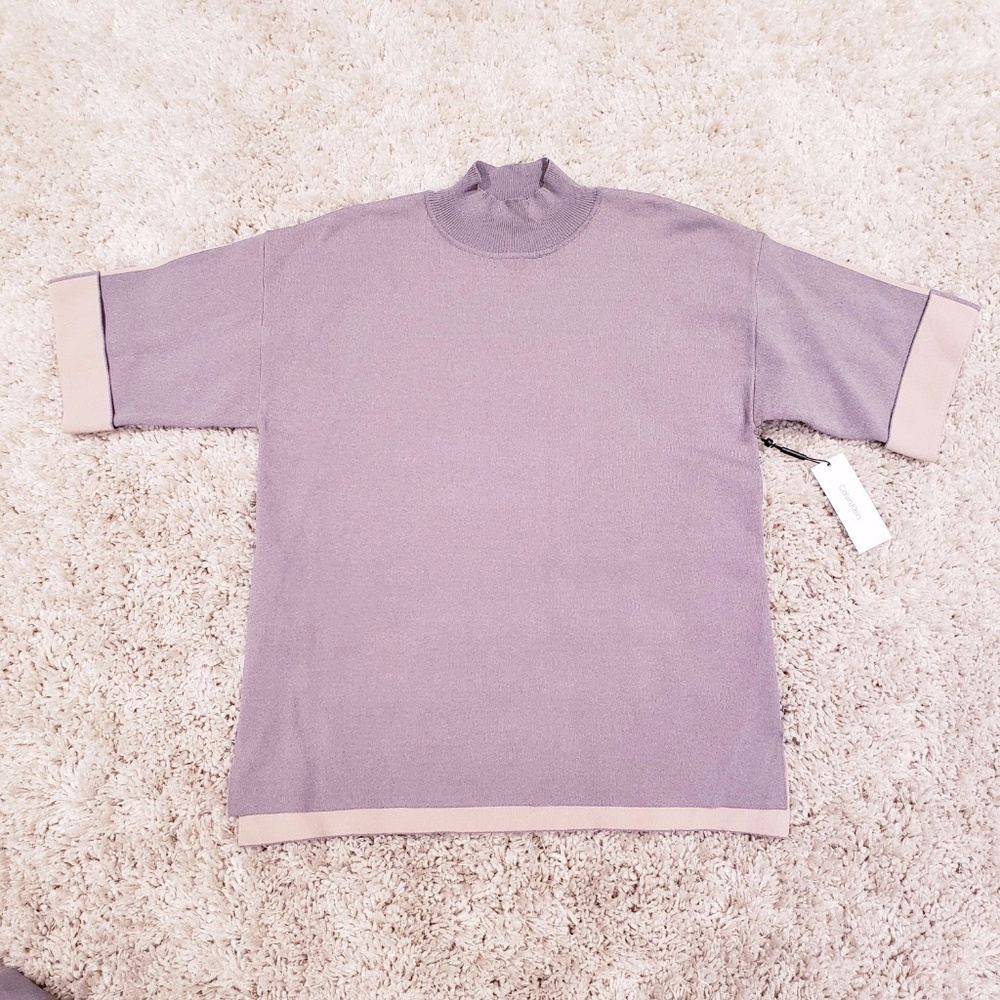 CK Calvin Klein gray/tan turtleneck short sleeve sweater (L)
